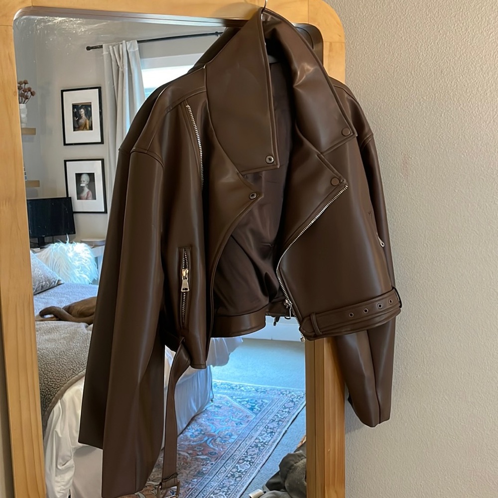 Chocolate brown cropped Vegan Leather Moto Jacket